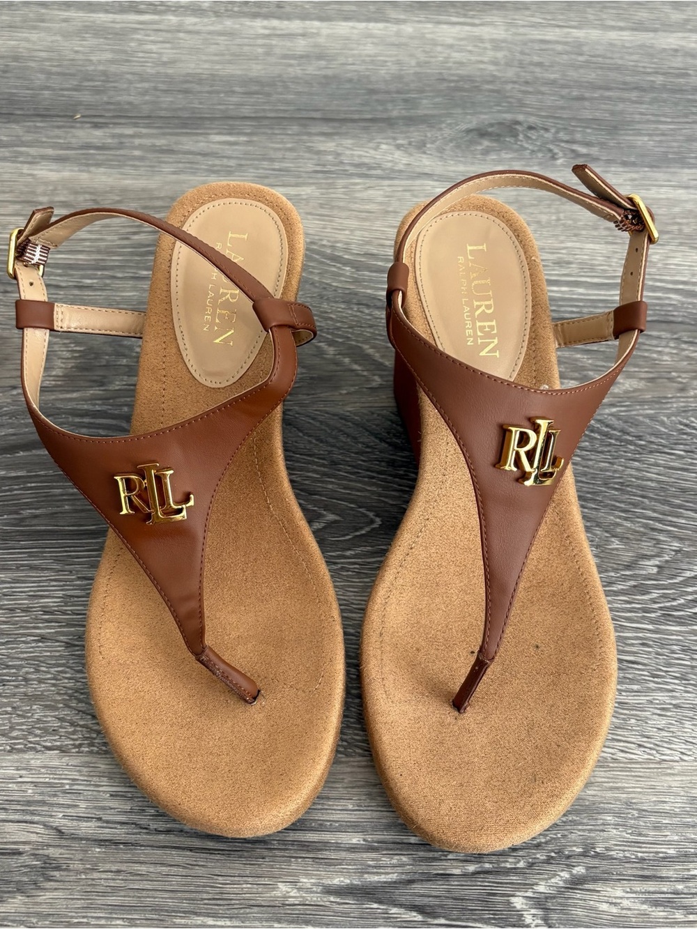 Lauren Ralph Lauren Brown Jeannie Leather Wedge T-Strap Sandals Size 7.5